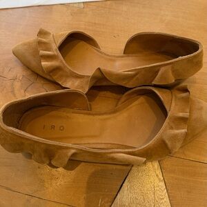 IRO Tan Suede Ruffle Pointed-Toe Flats